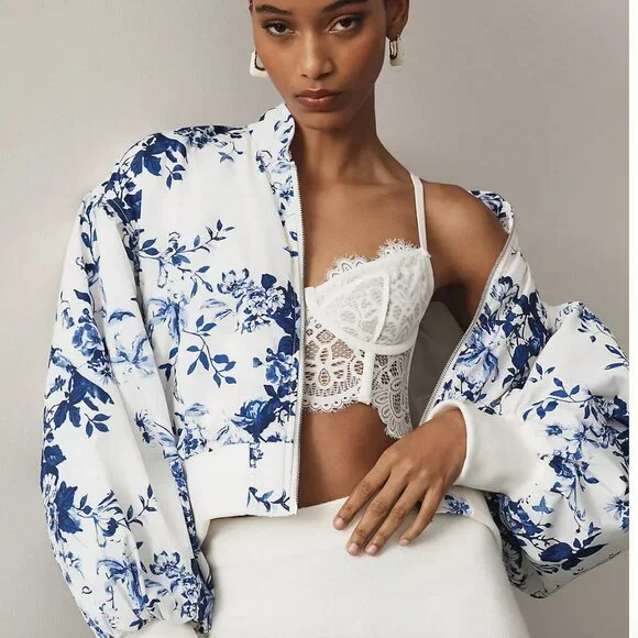 NWT Anthropologie Cropped Floral Print Bomber Jacket Color: BLUE MOTIF BLUE MOTI - Picture 1 of 10